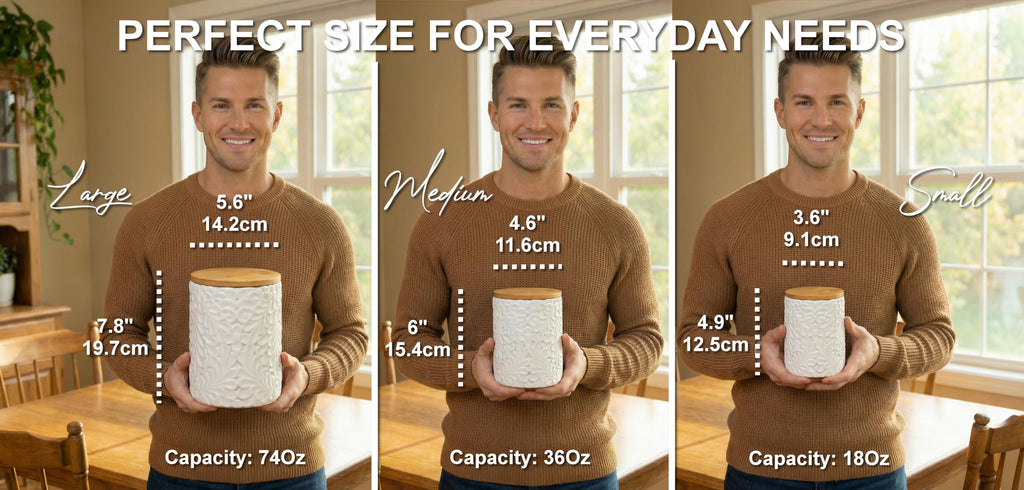 Engraved Ceramic Canisters Set of 3, 74, 36 & 18 Oz, Airtight Bamboo Lids