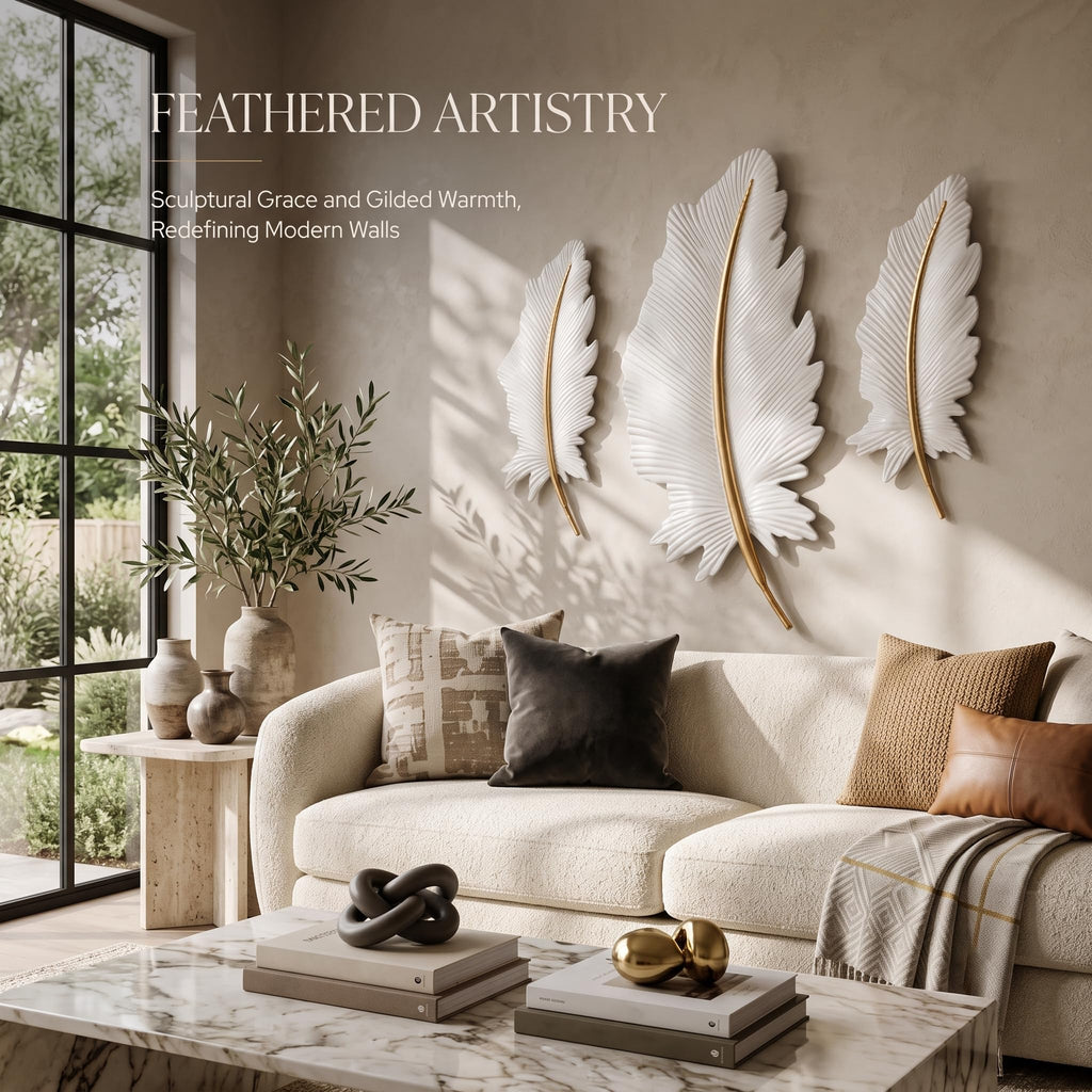 3-Piece 3D Metal Feather Wall Decor Set, White & Gold