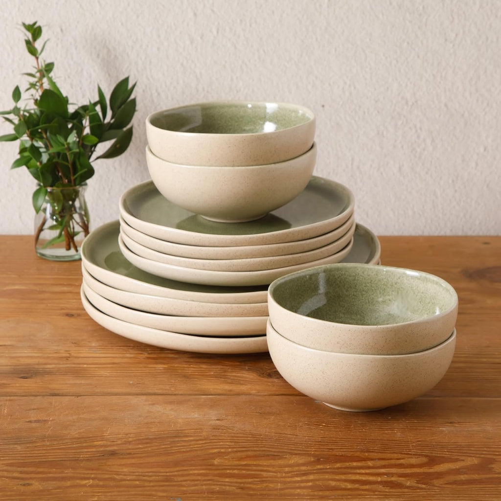Manila Bay 12-Piece Stoneware Dinnerware Set, Service for 4, Reactive Glaze Modern Artisan Plates, Bowls & Mugs, Green