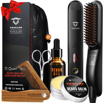 Beard Straightener for Men - 5-Temp Heated Brush with Anti-Scald Tech - Grooming Kit with Sandalwood Comb, Balm, Oil