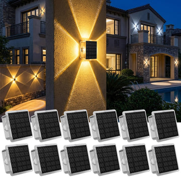 Solar Fence Lights Outdoor, New 4-Sided Lighting Wall Lights Solar Powered with 3 Modes 3000K 4000K 6000K, IP65