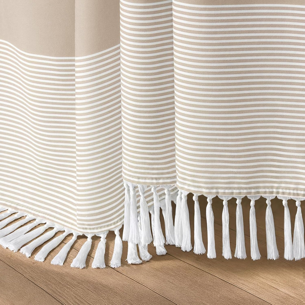 Beige Boho Cotton Striped Shower Curtain with Tassel 72" W X 72" L | Boho Farmhouse Shower Curtains with Soft Cotton