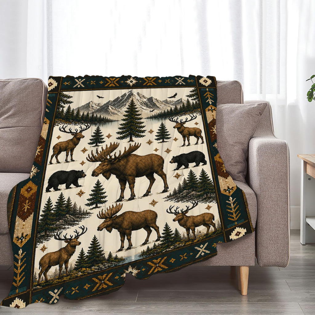 Cabin Blanket Rustic Lodge Deer Moose Throw Cozy Decor Gifts 50"X40"