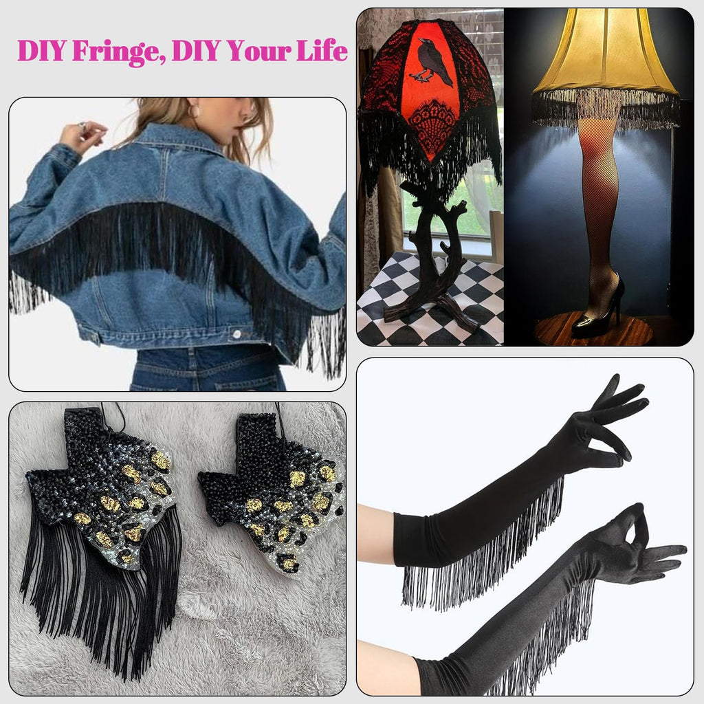 Black Fringe, 5 Yards X 4 Inch Fringe Trim with B7000 Glue, Tassels Trim for Crafts, Polyester Fibre Sewing Fringe