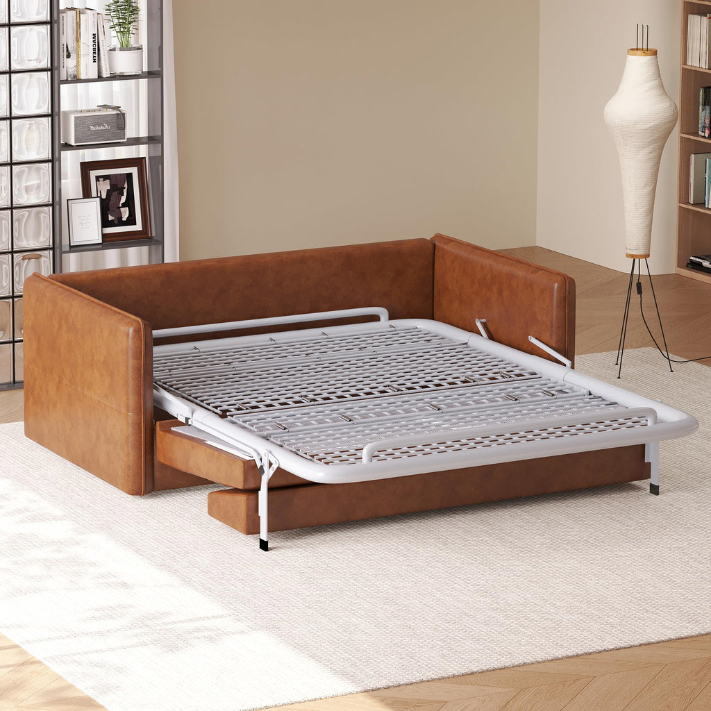 63" Apartment Size Convertible Leather Sleeper Sofa Bed, Brown