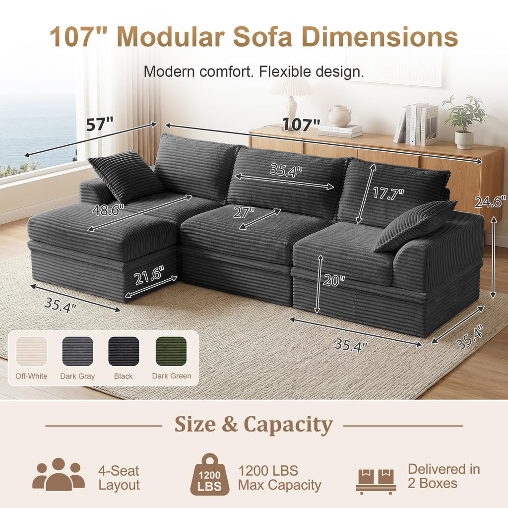 Upgraded Boneless Couch with Storage, Sectional Couches, L-Shaped Modular Cloud Corduroy Sofa with Ottoman &