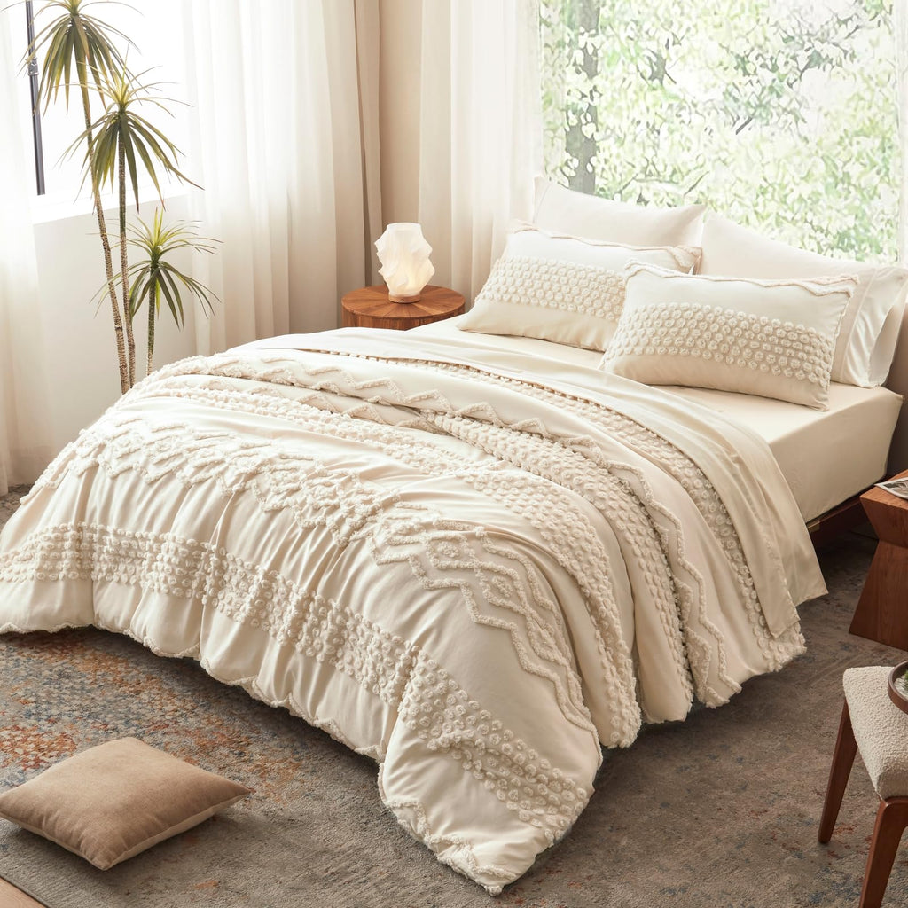 Beige Tufted Comforter Set, 3 Pieces Queen Size Boho Bedding Set