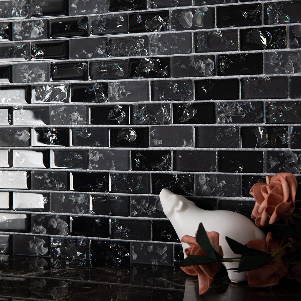 Glass Mosaic Tile Backsplash Black 12 Inch 5 sq.ft