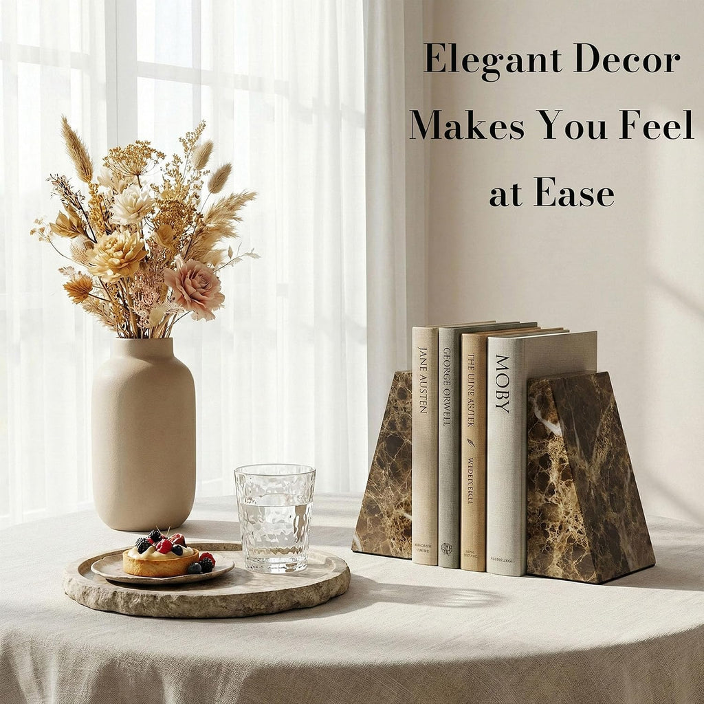 Decorative Bookends for Bookshelves, Set of 2 Marble Bookends , Heavy Duty,2 Pieces, Brown