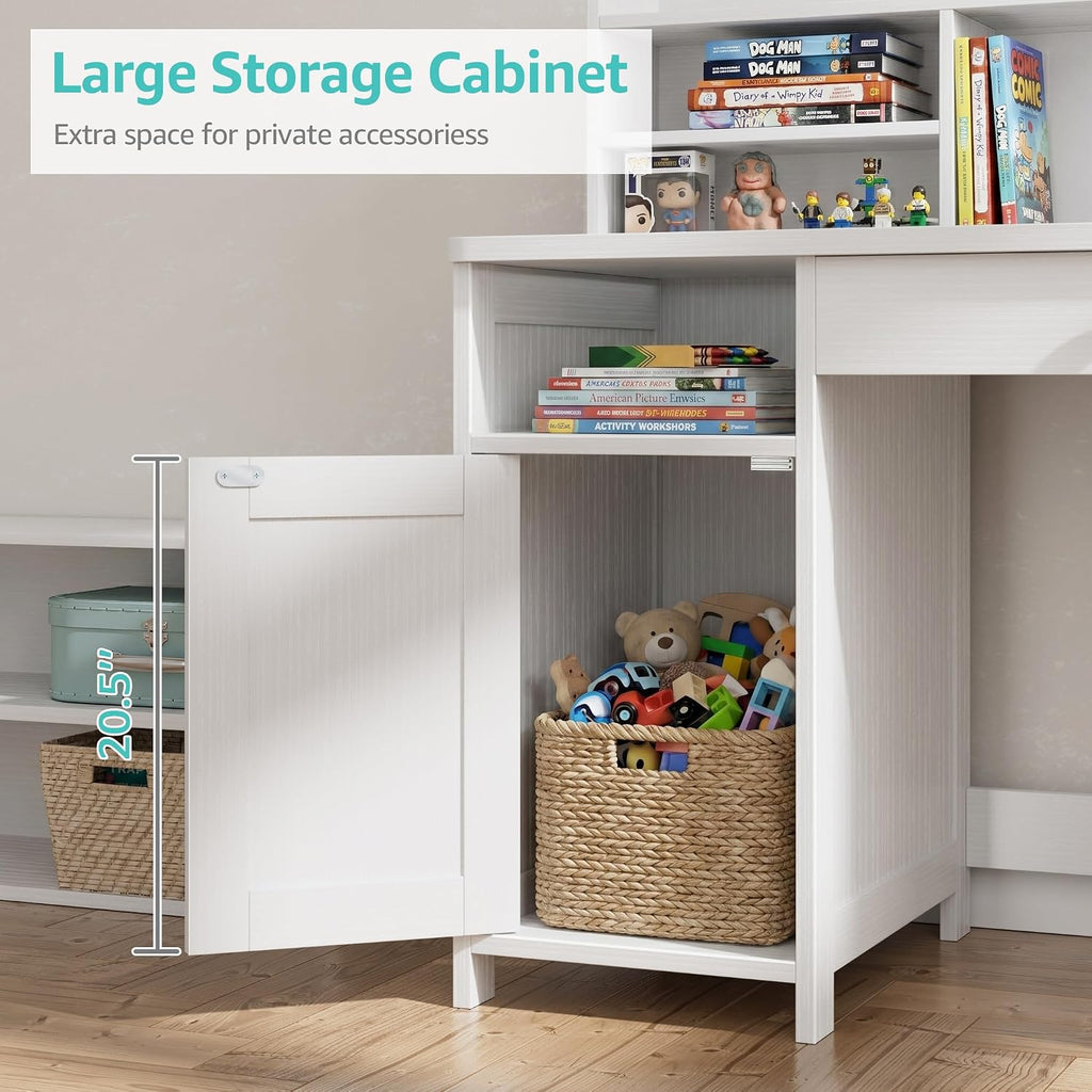 Wooden Kids Desk with Storage,White Kids Desk and Chair Set for 8-10 Year Old, Children Study Desk with Drawer