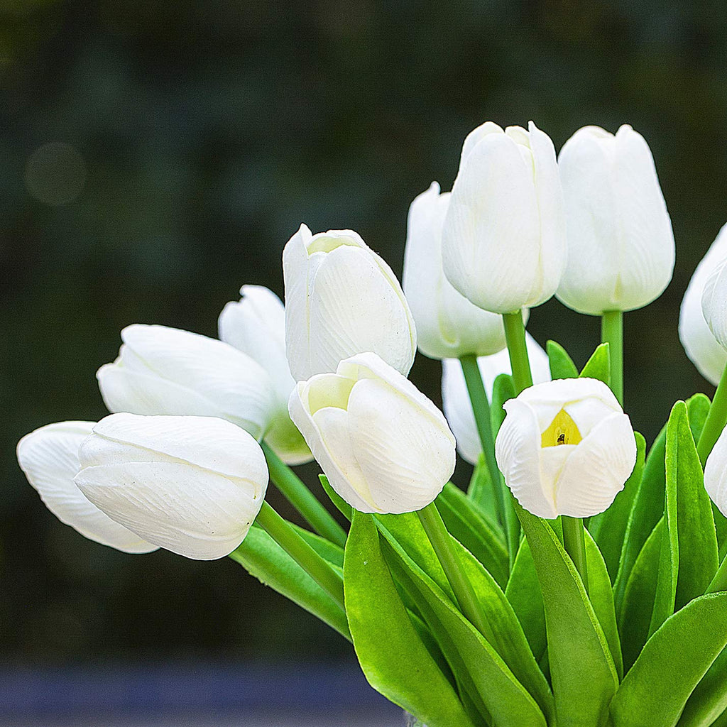 20 Pieces Artificial Real Touch Tulips Flower Arrangement in Cube Glass Vase with Faux Water Decoration (White)