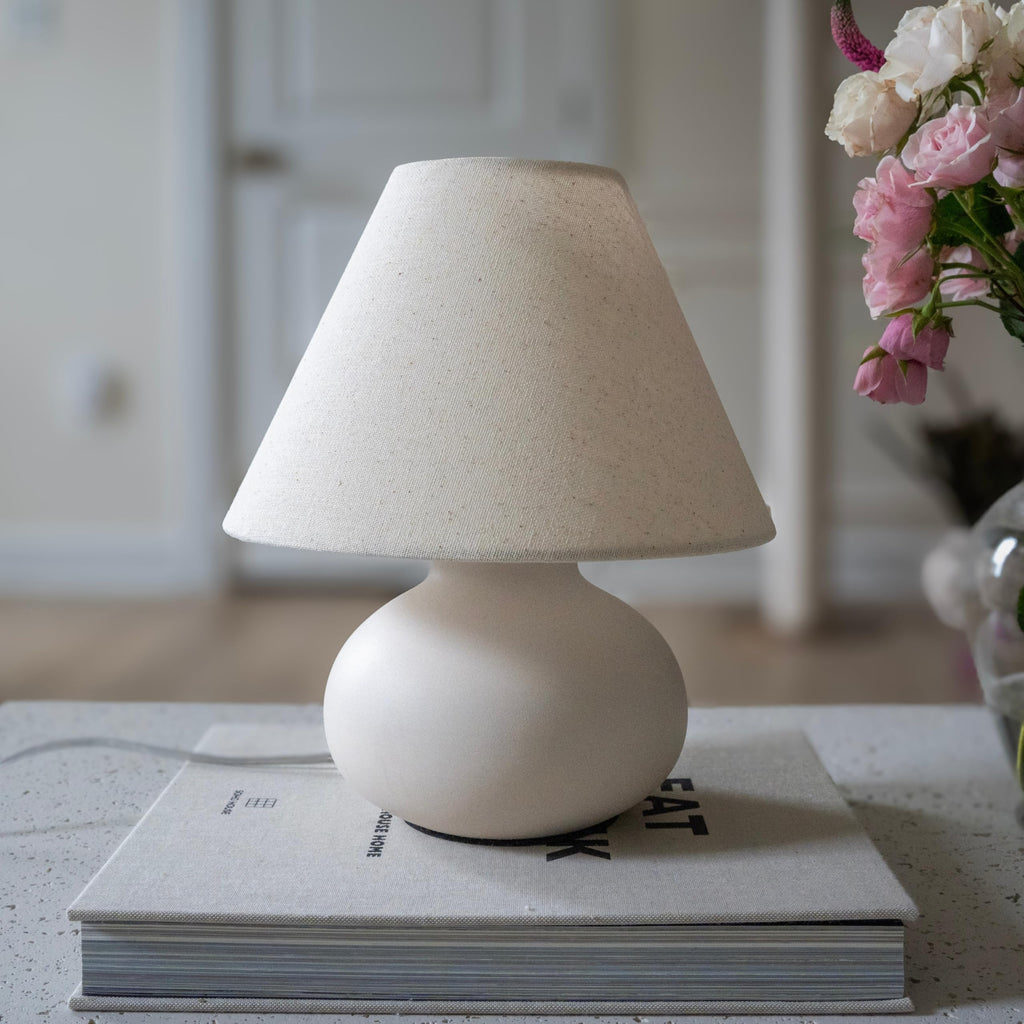 11" Small Table Lamp - Handmade Round Ceramic Cream Base with Off-White Fabric Shade, Dimmable Plug-in Nightstand or