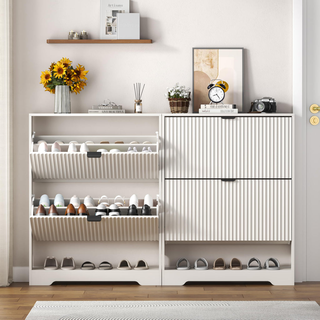 Shoe Cabinet Storage with 2 Flip Drawers, White Fluted Shoe Cabinet with Open Storage, Wooden Hidden Shoe Rack
