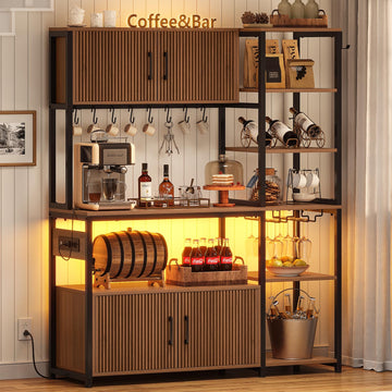 Fluted Bakers Rack with Storage and LED Light, 45.3 Inch Coffee Bar Cabinet, Microwave Stand with Storage, Goblet