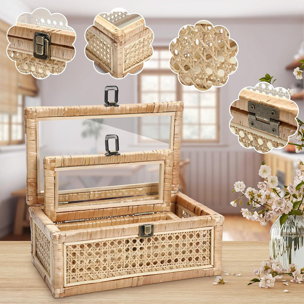 Boho Rattan Decorative Box with Glass Lid - Set of 2