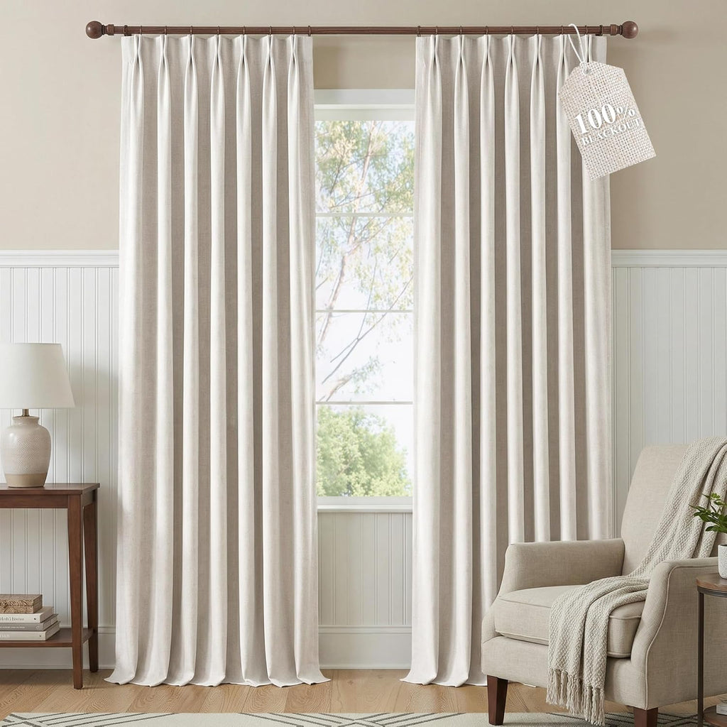 100% Blackout Pinch Pleated Curtains 96 inches Long 2 Panels Set, Linen Blend Thermal Drapes Window Treatments , W40