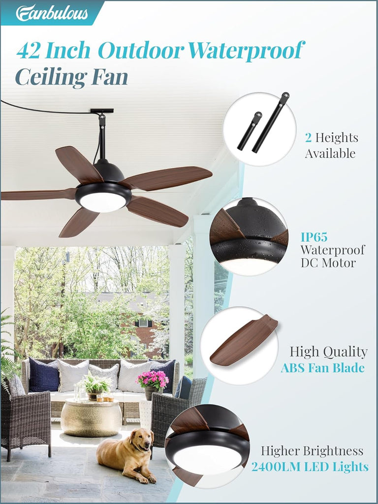 42 Inch Wet Rated Outdoor Ceiling Fan with Lights and Remote,IP65 Hanging Gazebo Fan with 3CCT 6-Speed DC Motor,Brown Waterproof Plug in Ceiling Fan with Cord for Patios Porch Pergola Pavilion A101-B0DPHJ4BPS