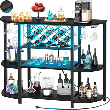 4-Tier Metal Coffee Bar Cabinet with Outlet and LED Light | Freestanding Floor Bar Table, Liquor with Glass Holder
