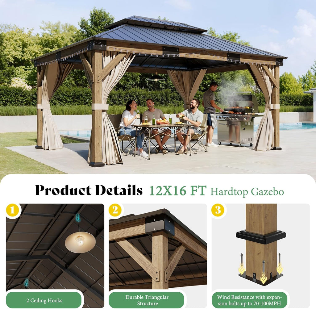 12' x 16' Heavy Duty Hardtop Gazebo with Double Metal Roof