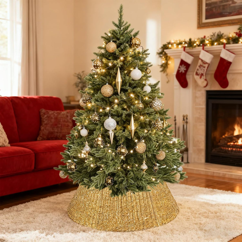 33 Inch Christmas Tree Collar, Gold Woven Xmas Tree Skirt for Artificial Trees, Tree Base Cover with Cord Cut-Out