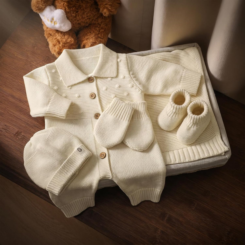 Cotton Baby Sweater Knit Romper Newborn Infant Outfit Hat Mittens Booties
