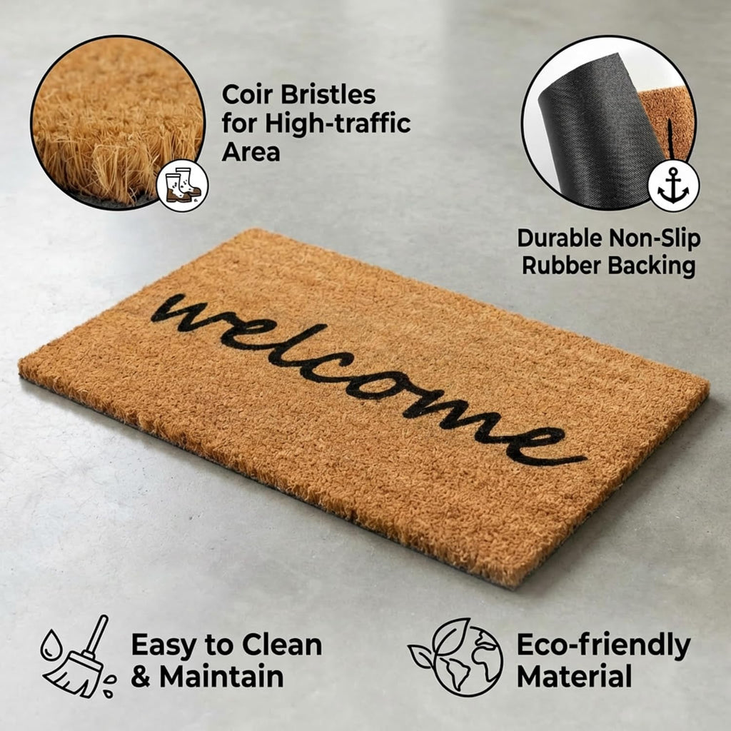 2-Piece Layered Front Doormat Set, Welcome Natural Coco Coir Door Mat + 28"x43" Black and White Buffalo Plaid Rug