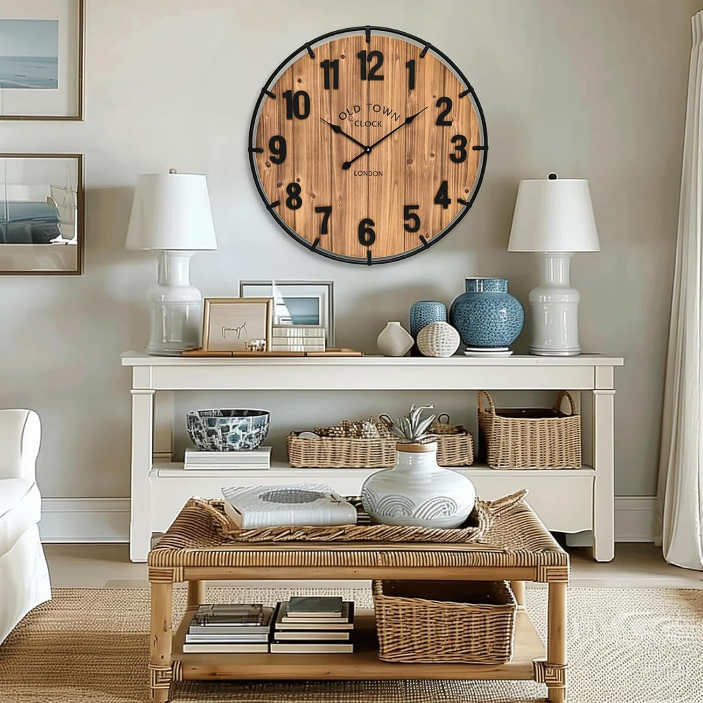 24 Inch Farmhouse Wall Clock Large Old Town Vintage Rustic Wooden Clock with Metal Rim and Large Numerals