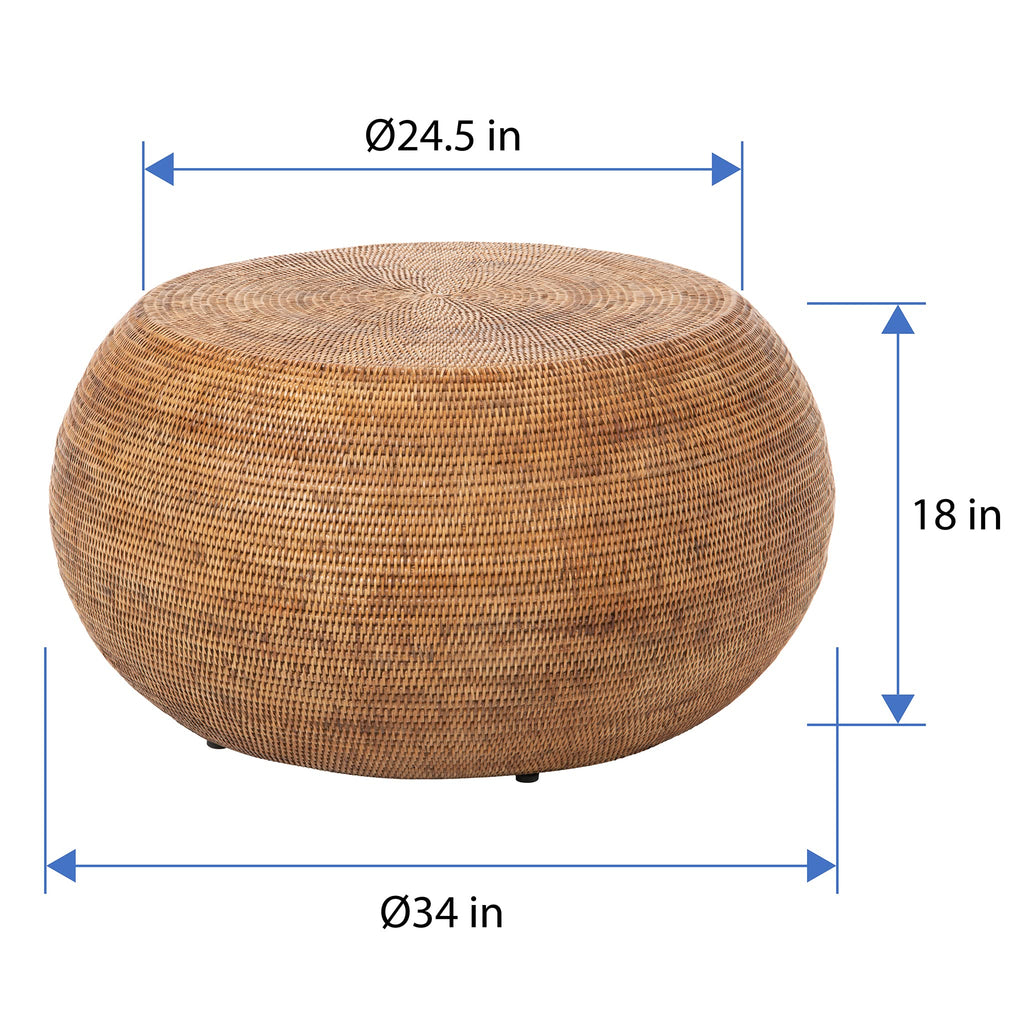 La Jolla Round Rattan Coffee Table, Boho Drum Table, Honey Brown