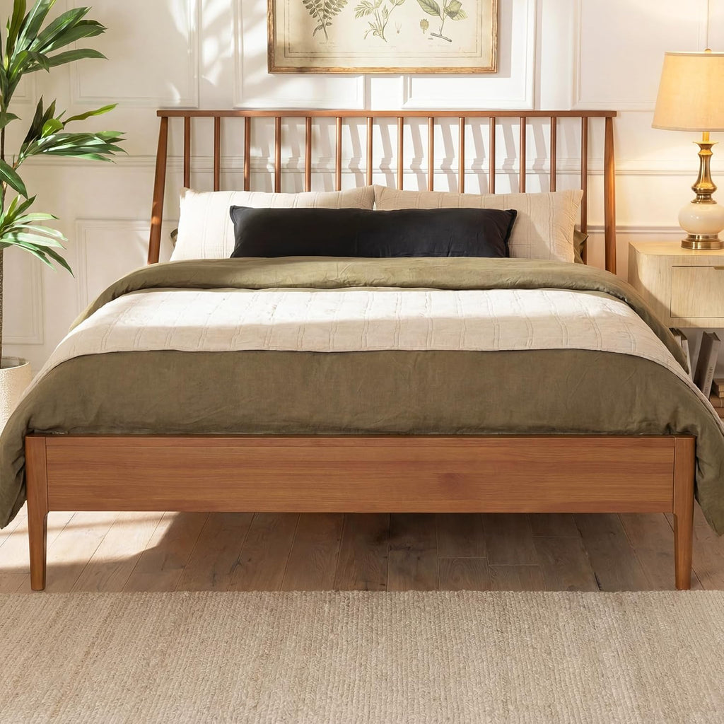 Queen Solid Bamboo Wood Spindle Platform Bed with 46.5" Tall Headboard, Bohemian Bed Frame with Wooden Slats and