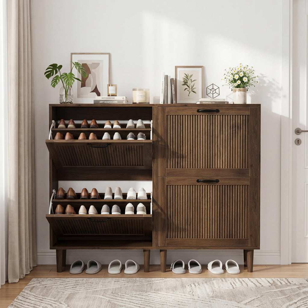 Walnut Shoe Cabinet with 2 Flip Drawers, 23.6" Hidden Shoe Storage Cabinet with Small Fluted Doors, Freestanding Shoe