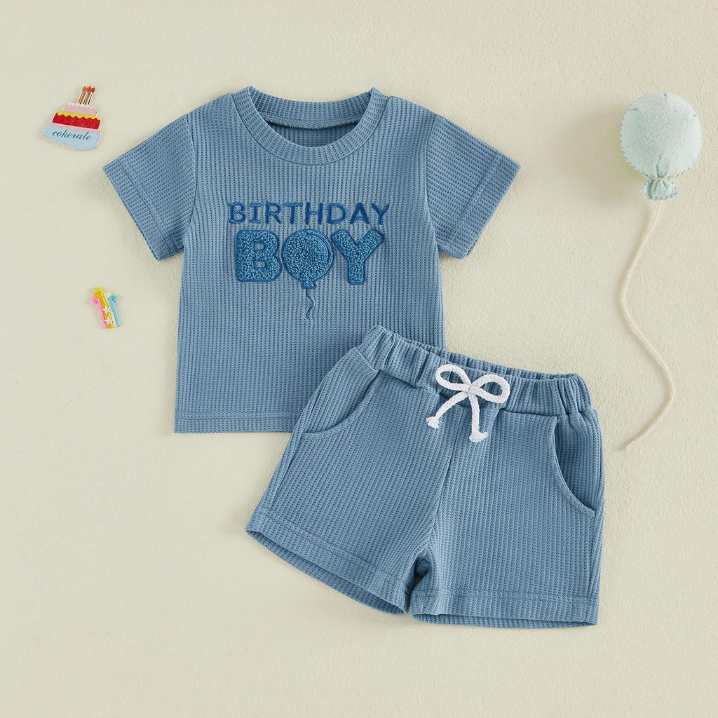 Toddler Baby Boy Birthday Outfit Waffle Knit Short Sleeve Shirt Shorts 1st 2nd 3rd 4th Birthday Outfits Clothes Set