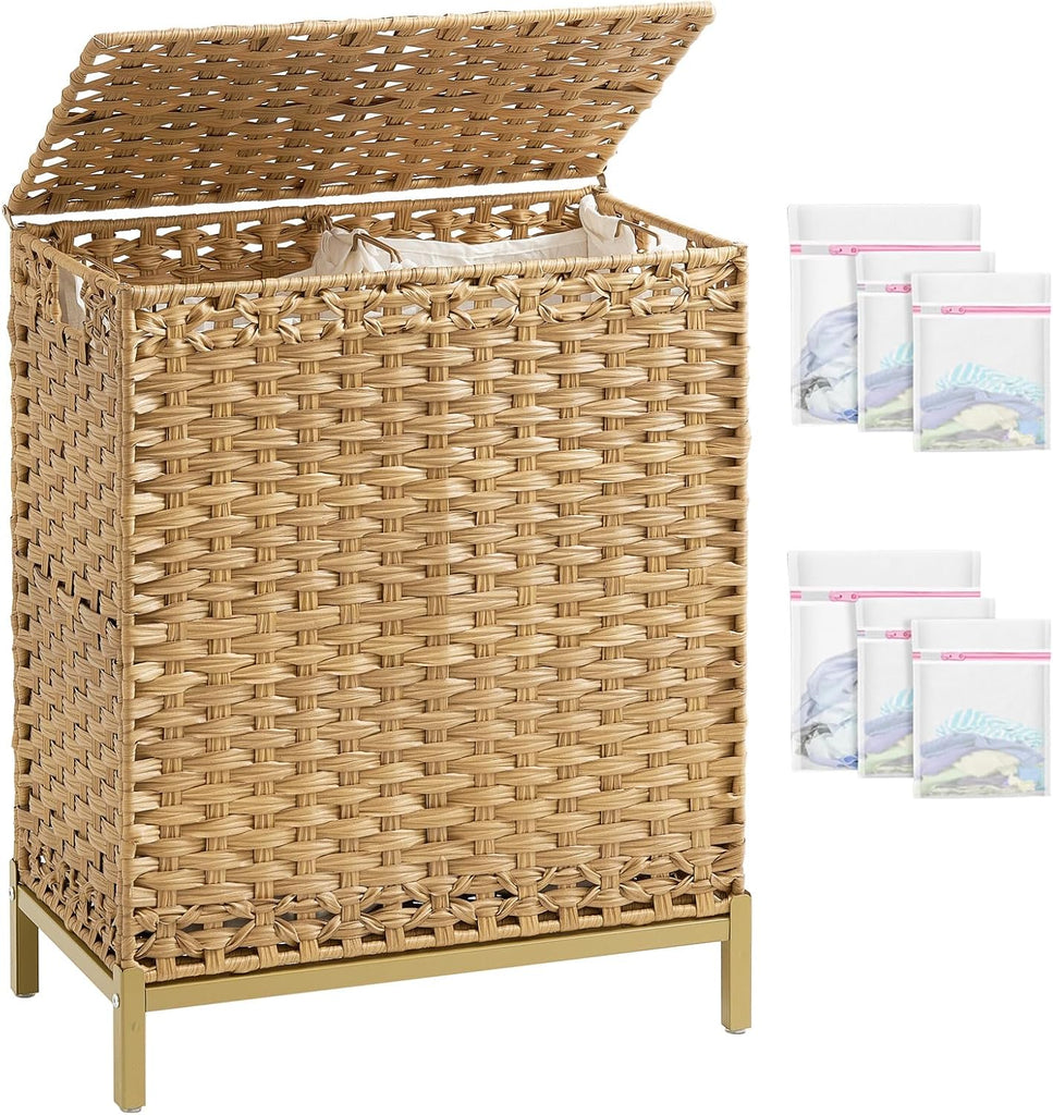 Laundry Hamper with Lid, 112 L Handwoven Rattan Wicker Laundry Basket, 2 Removable Liner Bags Metal Heightened Feet