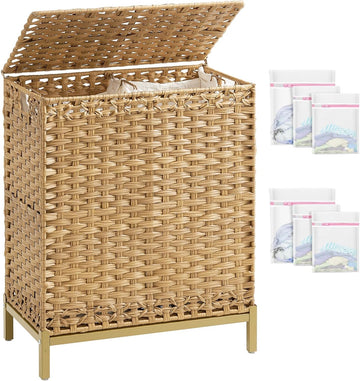 Laundry Hamper with Lid, 112 L Handwoven Rattan Wicker Laundry Basket, 2 Removable Liner Bags Metal Heightened Feet