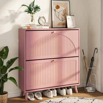 Shoe Storage Cabinet with 2 Fluted Flip Drawers, Pink