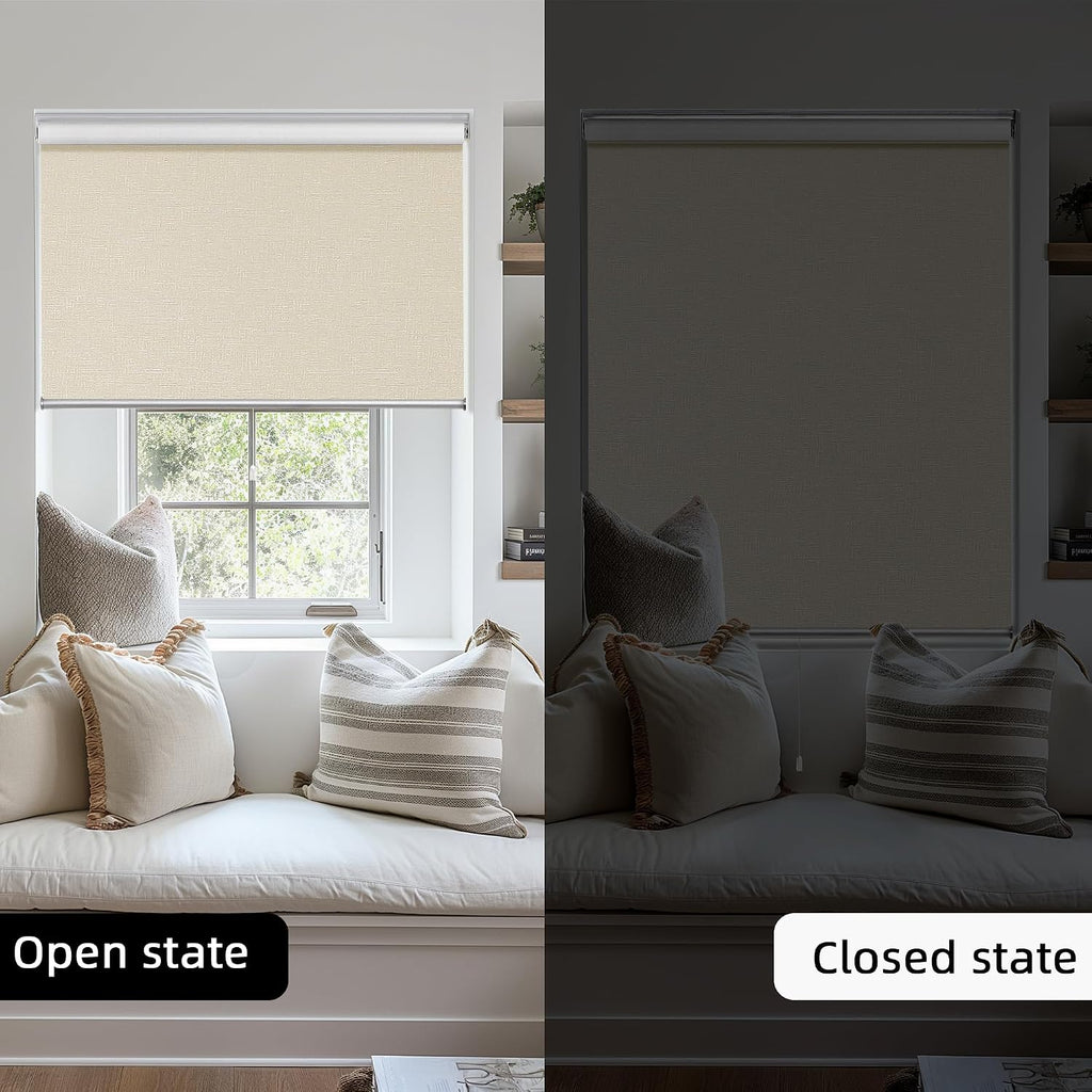Cordless 100% Blackout Roller Shade, with Striped Jacquard, Thermal Insulated, UV Protection Fabric, Total Blackout