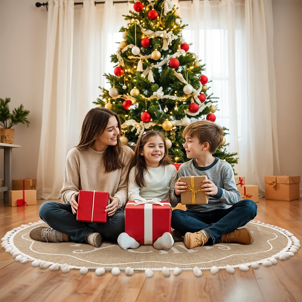 60 Inch Christmas Tree Skirt, Burlap Design with Snowflake Rustic Decor