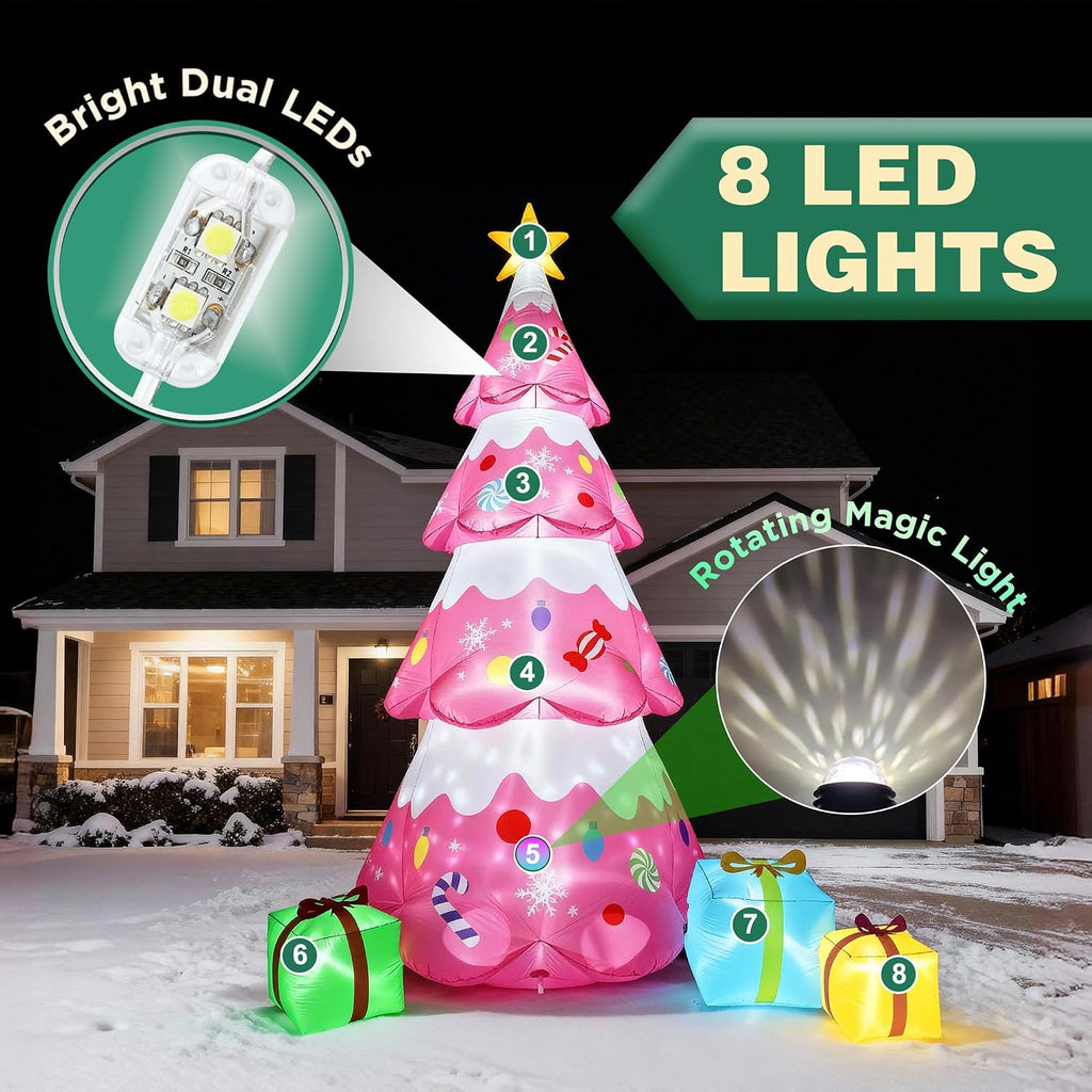 12 FT Pink Christmas Tree Inflatables Outdoor Decorations, Blow Up Candy-Themed Xmas Tree with Rotating Projection