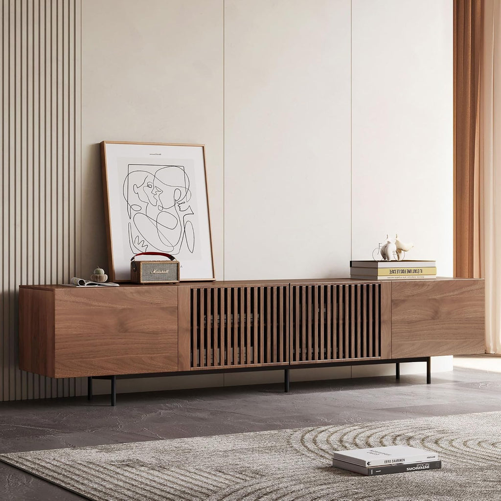 Mid Century Modern TV Stand for 80+ Inch TVs, 94.48" Walnut Console with Ample Storage - Stylish Entertainment Center
