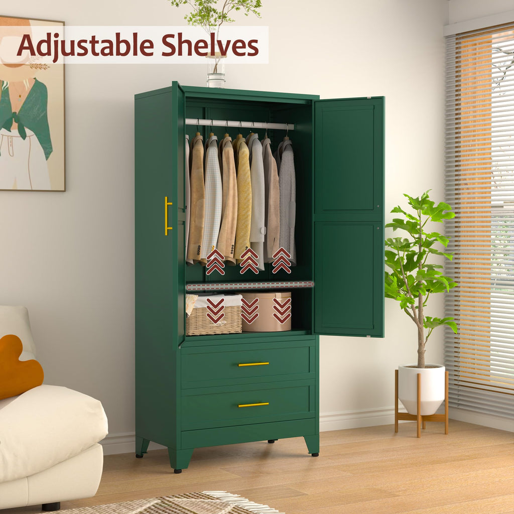 Metal Armoire Wardrobe Closet with 2 Drawers, 71" Wardrobe Cabinet with Adjustable Shelves and Hanging Rod, Clothing
