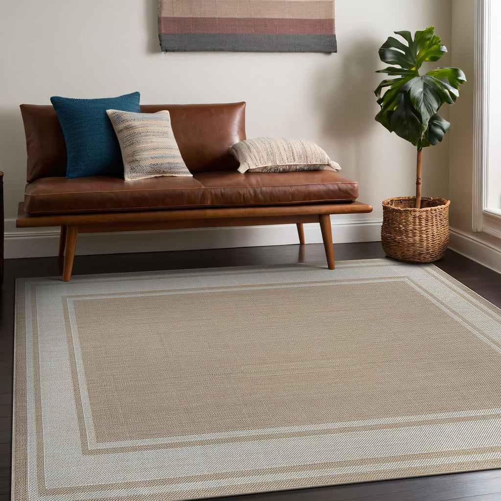 Outdoor Rug 8x10 Modern Bordered Area Rugs for Indoor and Outdoor Patio Deck Porch Garden Waterproof