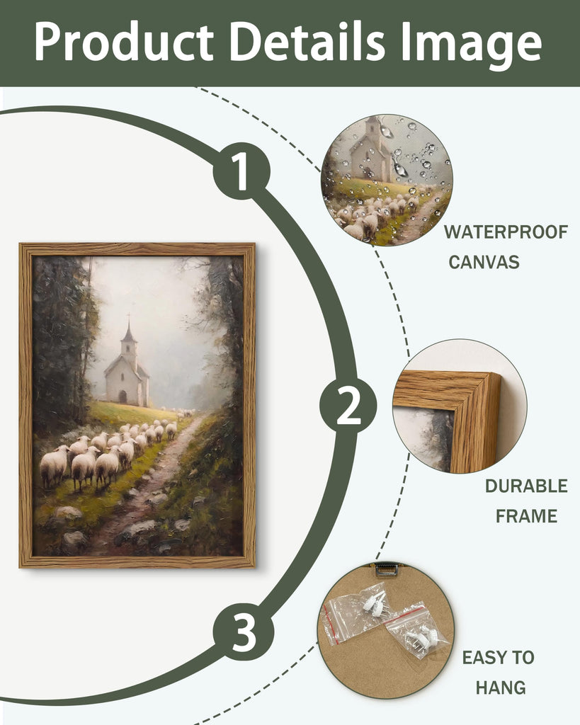 Framed Christian Sheep Wall Art, Vintage Country Church Landscape Wall Decor Painting Picture, Rustic Pastoral Lamb