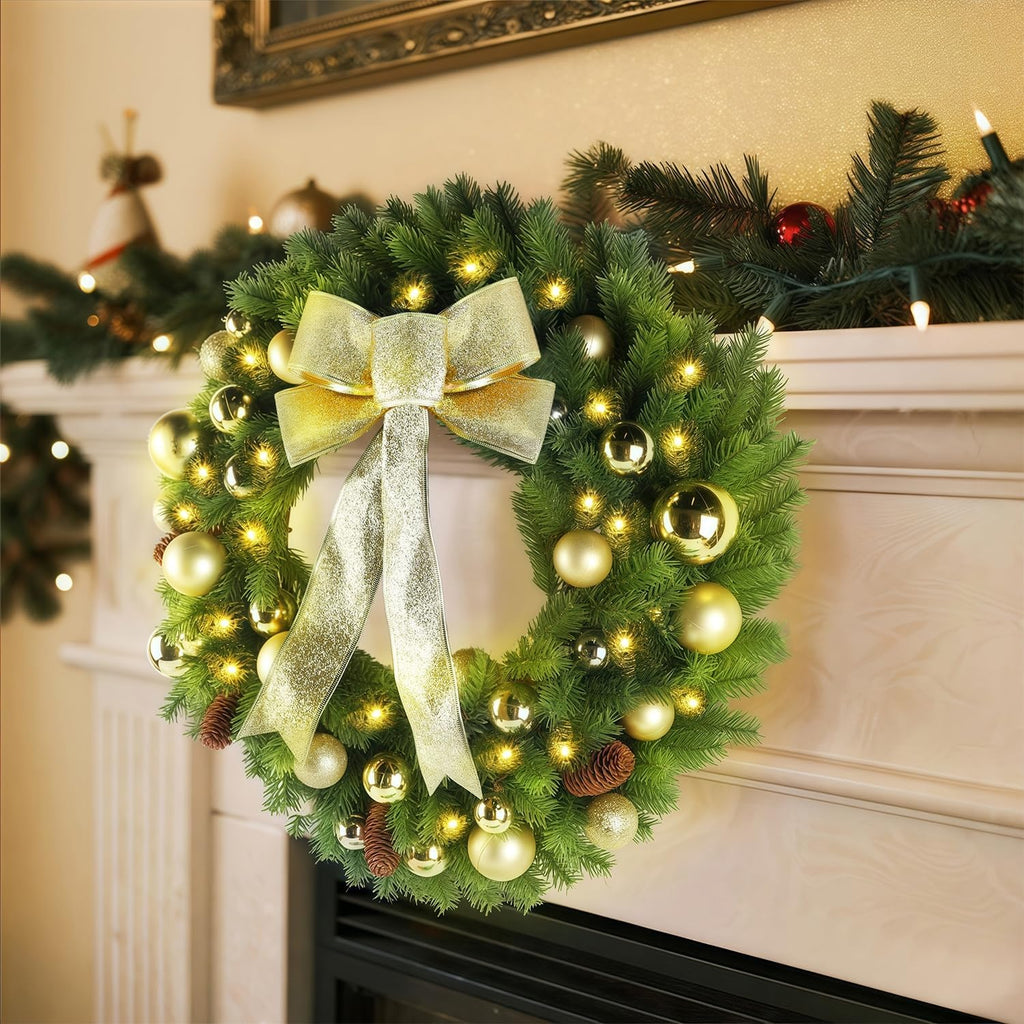 21" Lighted Christmas Wreath with Metal Hanger, Pre-lit Xmas Folded Wreath with LED Lights, Golden Bow & Balls