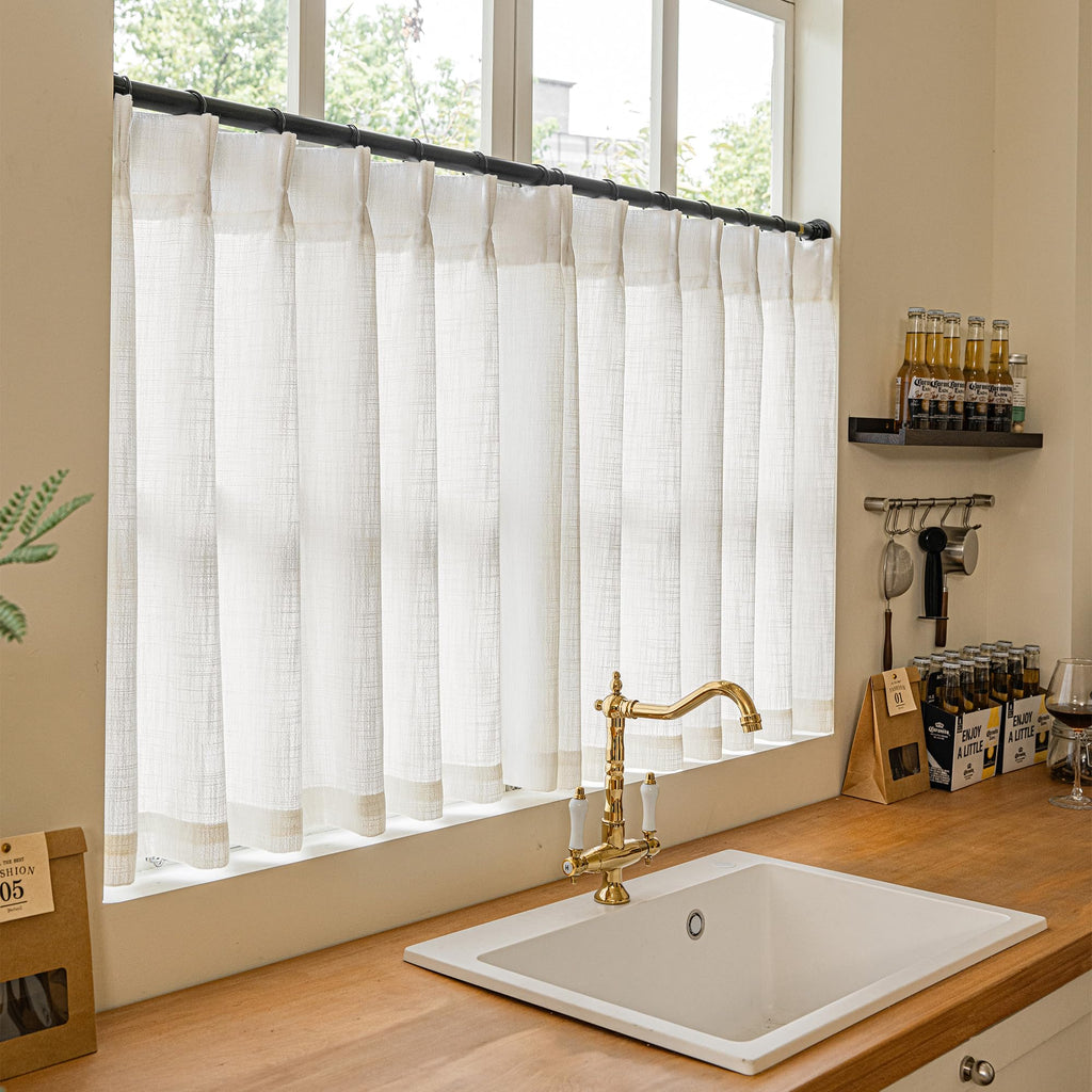Cream Linen Cafe Curtains 24 Inch Length Pinch Pleated 2 Panels Set