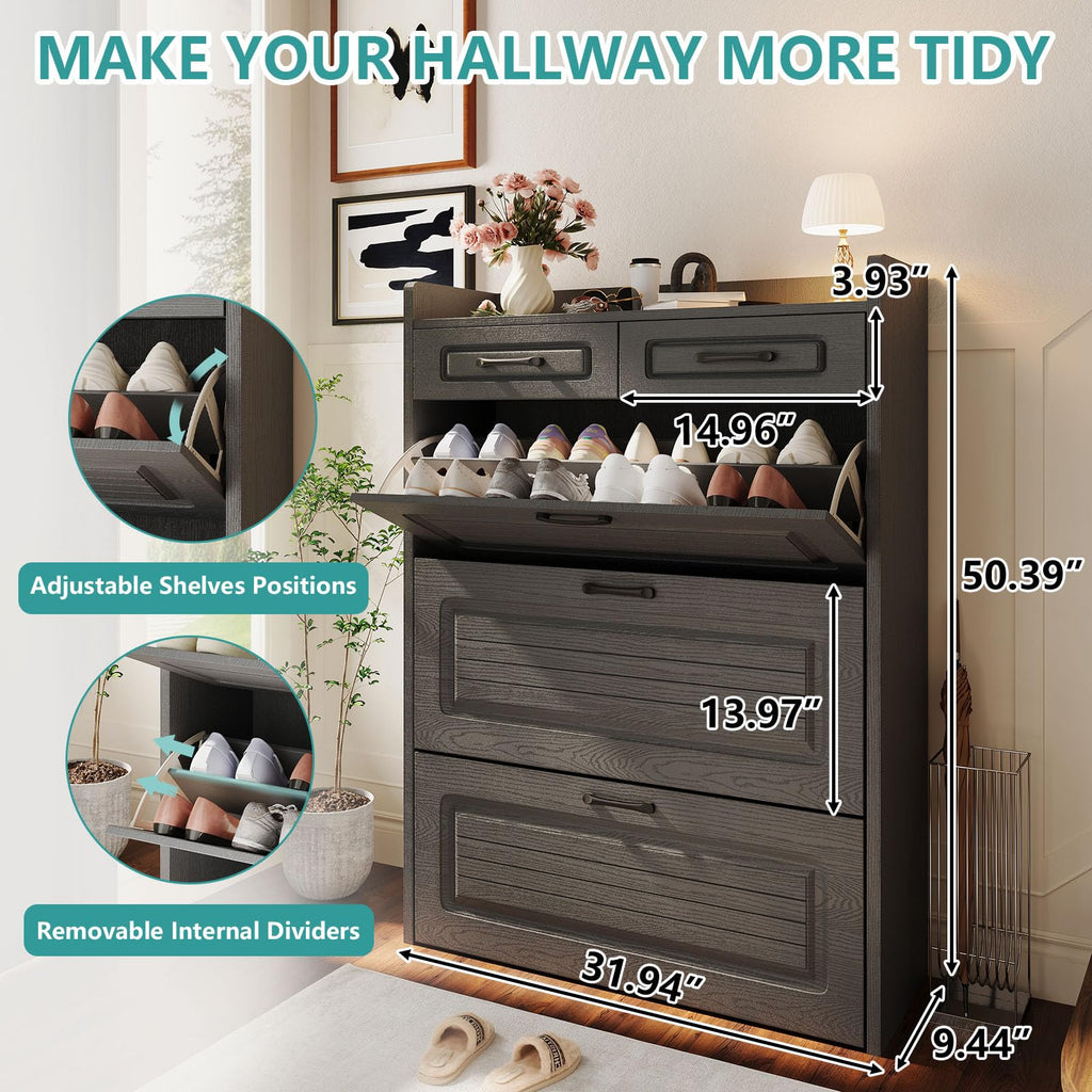 Shoe Cabinet with 3 Large Flip Drawer 2 Top Drawer Dark Grey