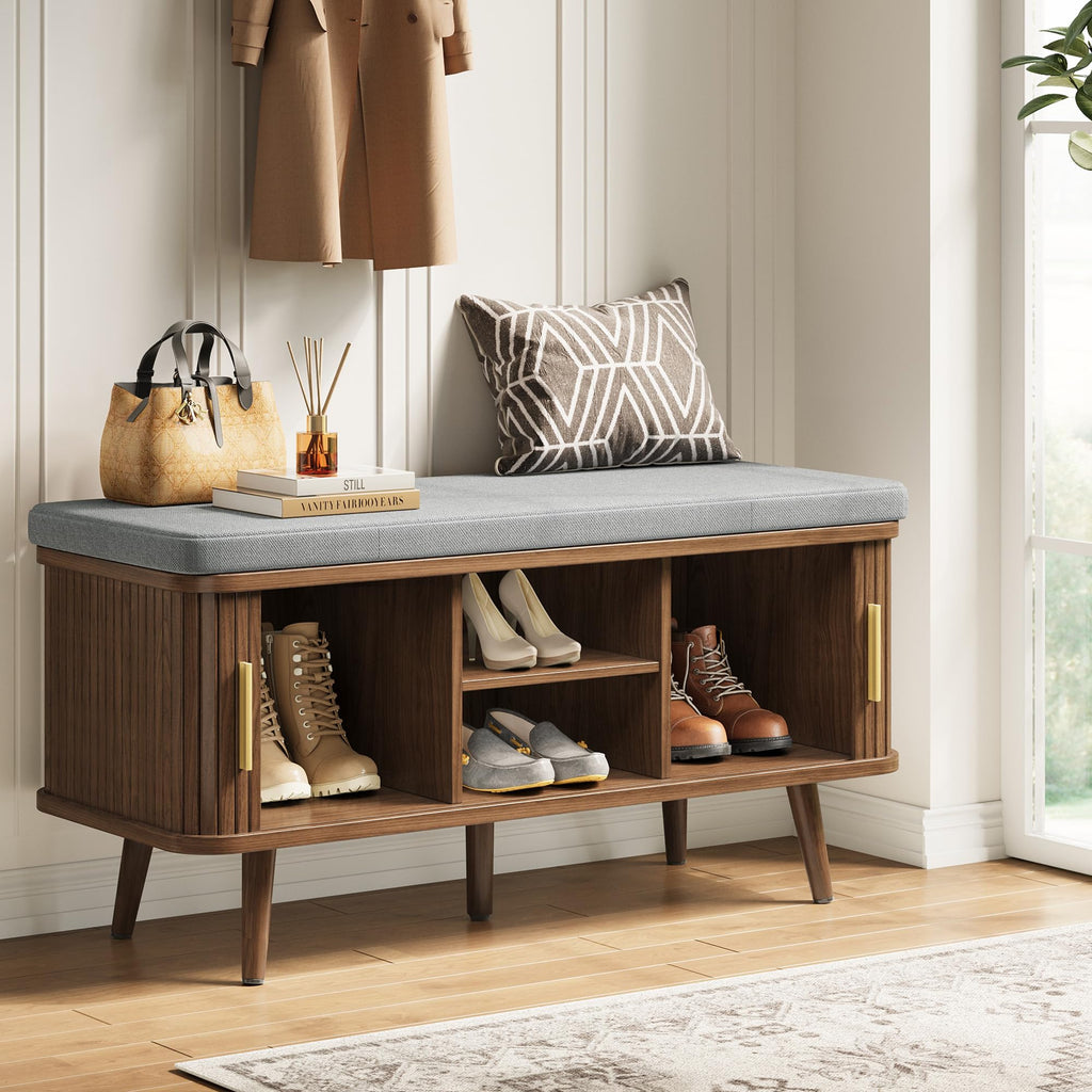 Shoe Storage Bench with Cushion and Sliding Doors, 39 Inch Shoe Bench with Storage, Freestanding Entryway Bench with