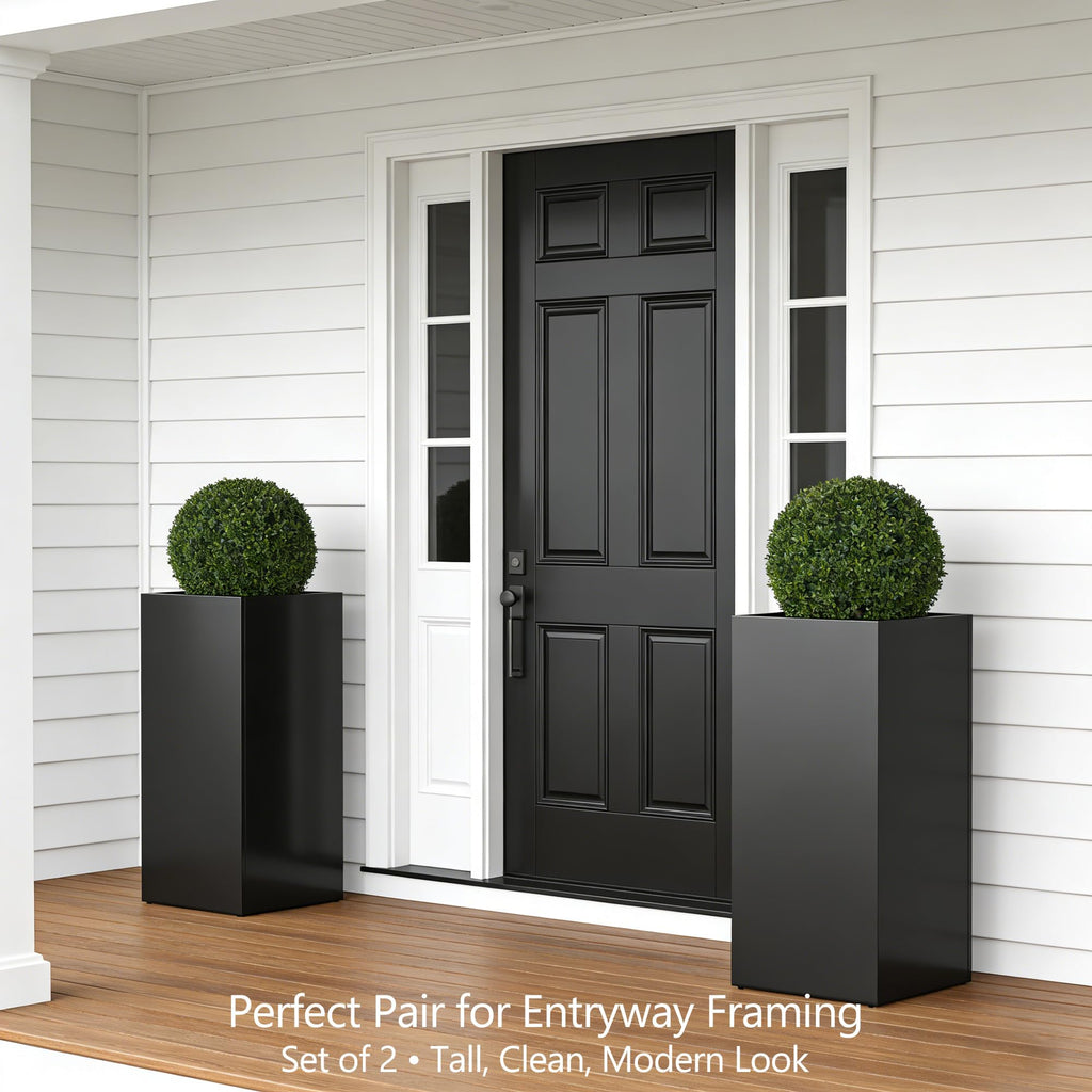 Set of 2 Tall Metal Planter Box for Outdoor Plants, 14" L x 14" W x 30" H