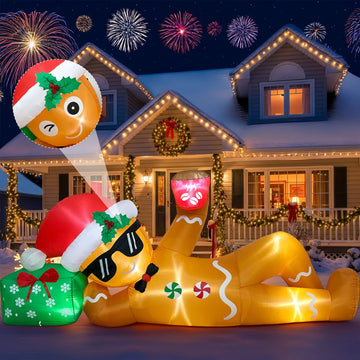 10FT Christmas Inflatable Outdoor Decoration, Lying Gingerbread Inflatable with LED Lights, Christmas Blow Up Yard