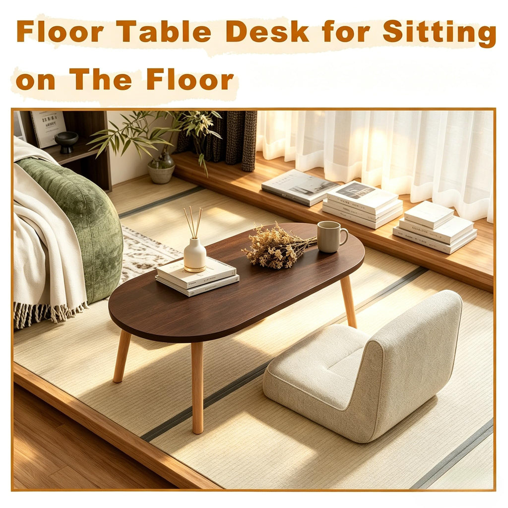 Coffee Table, 31.5" Oval Low Coffee Tables with Solid Wood Legs Walnut