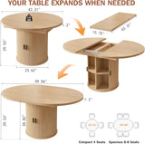 Extendable Dining Table 43-59" for 4-6 People, Solid Wood Top with Fluted Slide Door & 8-Compartment Storage, Space