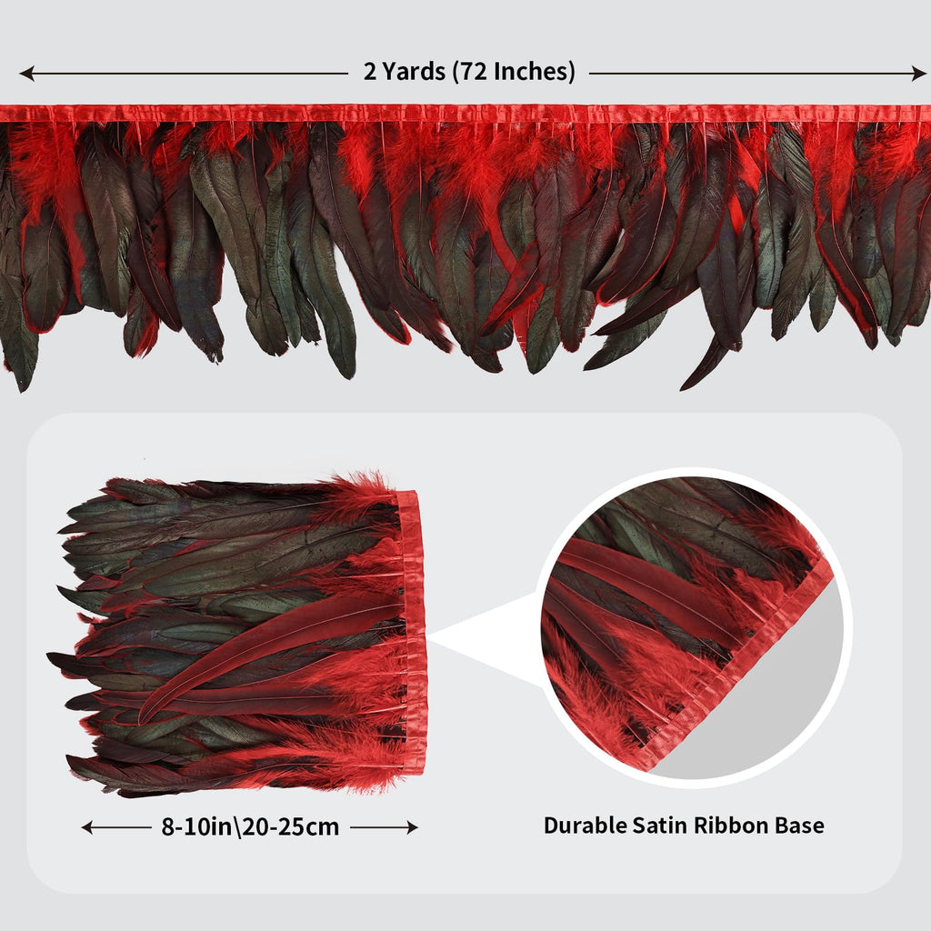 Rooster Feather Trim 8-10 Inch 2 Yards - Natural Feather Fringe for DIY Sewing, Feather Skirt, Shawl, Wings, Wedding